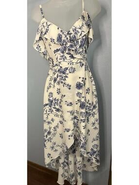 IZ Byer Women’s Ivory/navy Floral Sleeveless Ruffle High/low Dress Sz XSmall